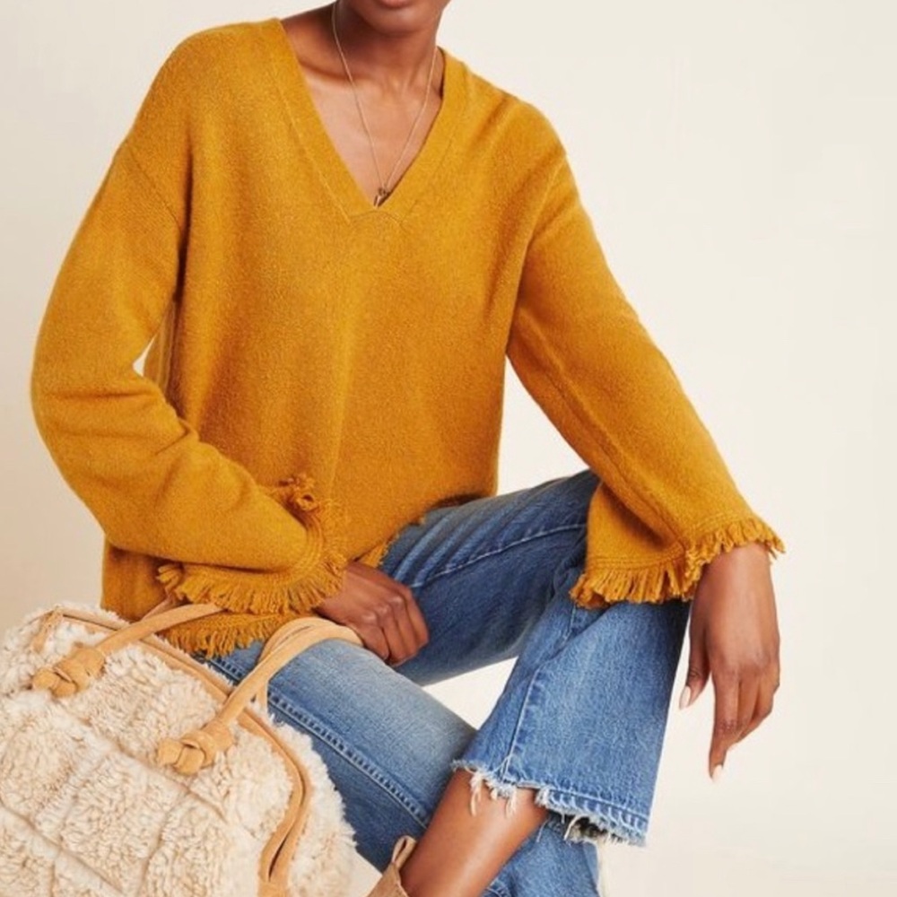 Anthropologie Joy Mustard Wool Yellow Fringe Sweater Sz XS